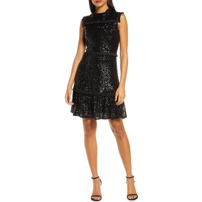 Julia Jordan Sequin Tiered A-Line Dress, Black