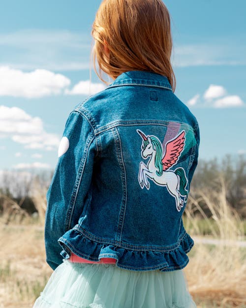 Shop Deux Par Deux Girl's Stretch Denim Jacket With Unicorn In Navy Denim