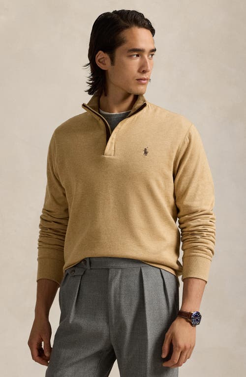 Shop Polo Ralph Lauren Cotton Blend Quarter Zip Pullover In Classic Camel Heather