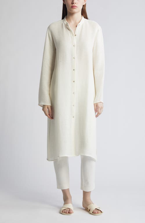 Eileen Fisher Band Collar Longline Organic Linen Blend Button-Up Shirt White at Nordstrom,