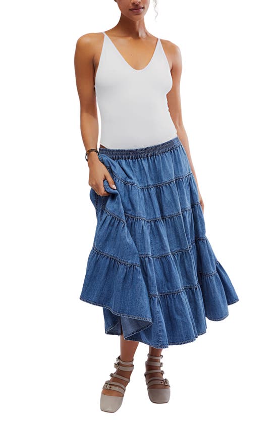 Shop Free People Chambray Tiered Midi Skirt In Cool Blue