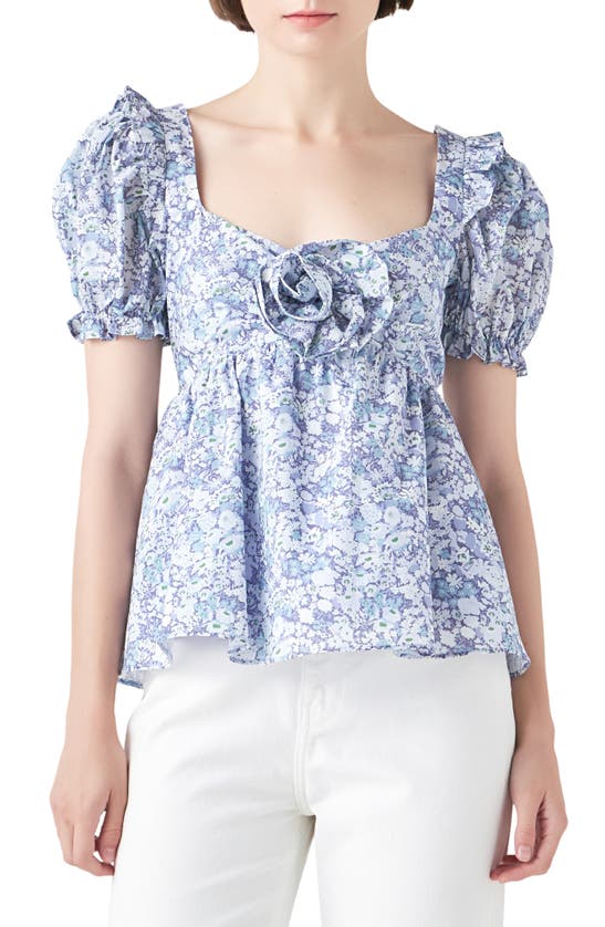 Shop English Factory Floral Print Cotton Top In Blue Multi