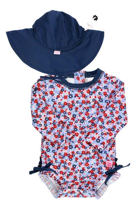 Long Sleeve One-Piece Rashguard Swimsuit & Hat Set (Baby)