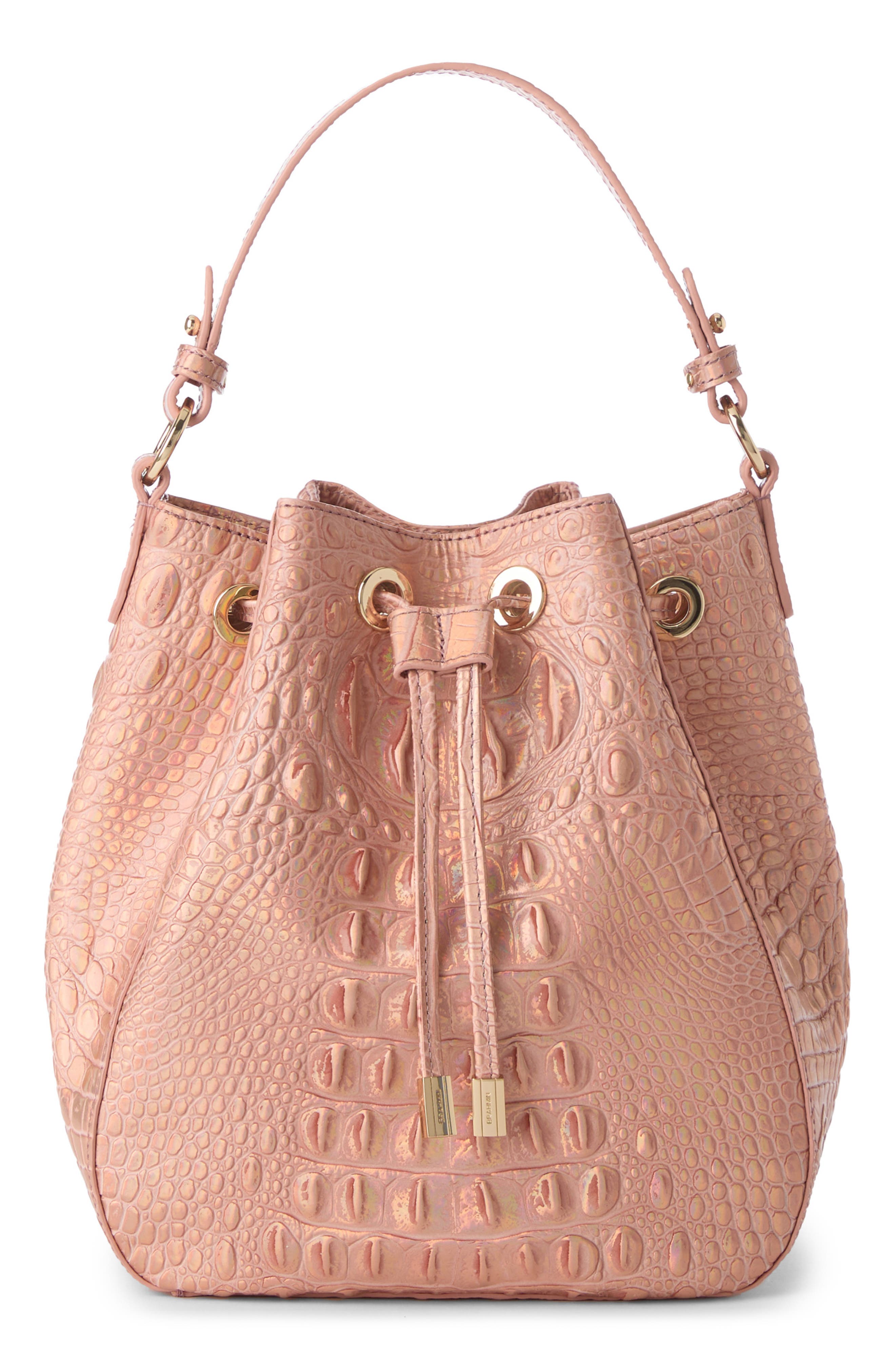Brahmin Melinda Croc Embossed Leather Bucket Bag in Rose Gold 