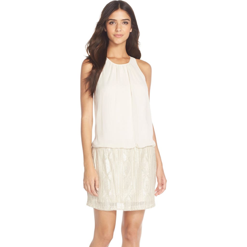 Aidan Mattox Aidan By Chiffon & Beaded Mesh Blouson Dress In Champagne