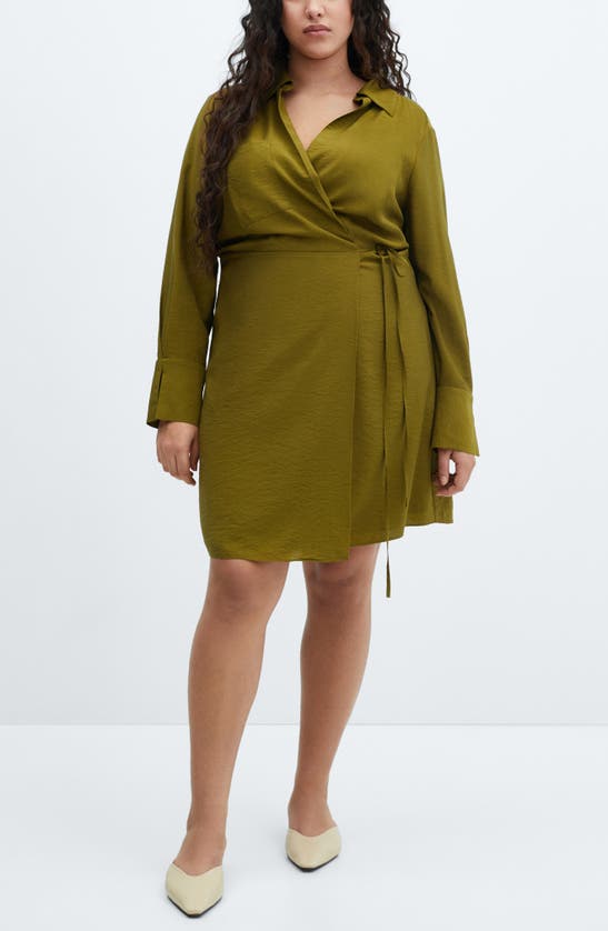 Shop Mango Vane Long Sleeve Wrap Dress In Khaki