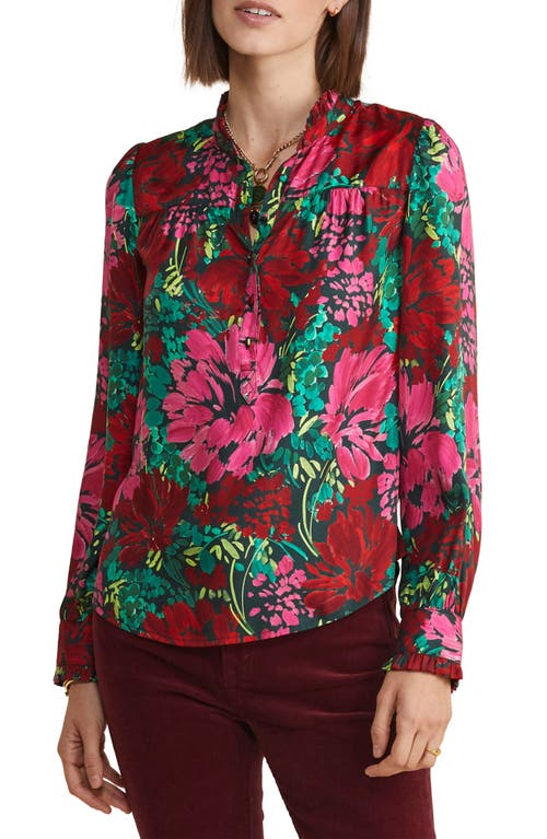 Ruffle Collar Silk Blend Popover Top in Brush Floral - Green