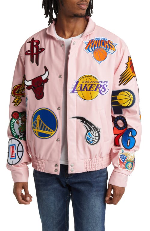 NBA Collage Faux Leather Jacket in Pink