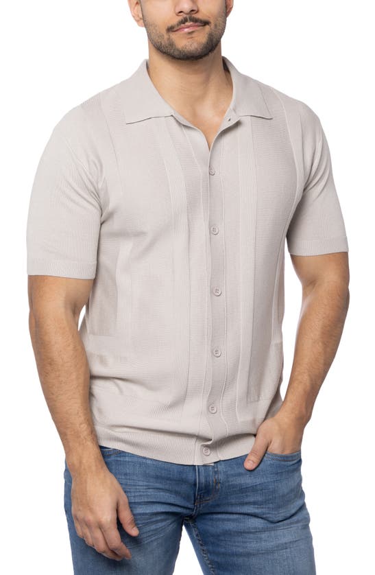 Spring + Mercer Textured Short Sleeve Button-up Sweater In Oatmeal