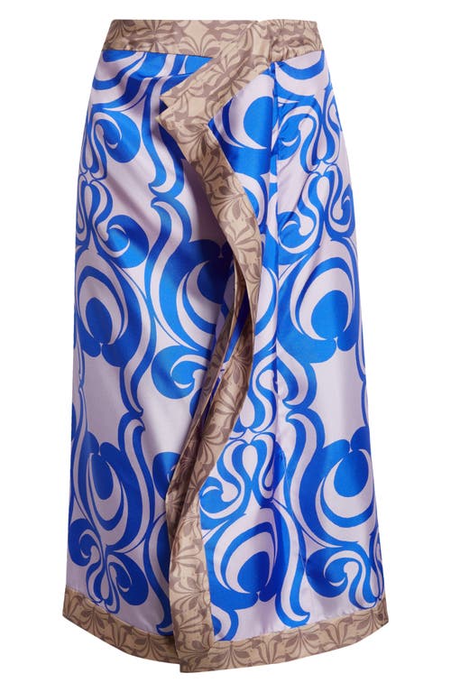 Mixed Print Draped Silk Midi Skirt in Blue 504