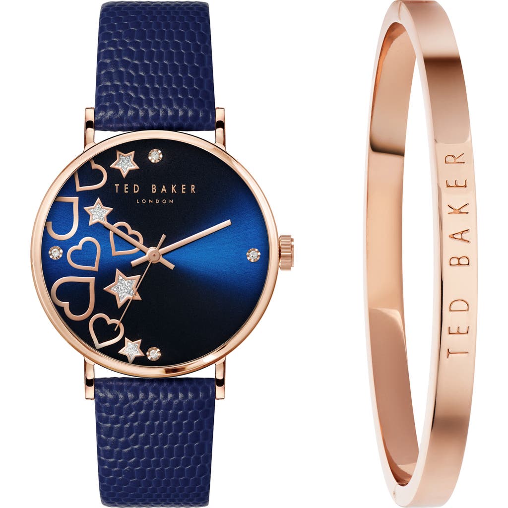 Ted Baker London Phylipa Leather Strap Watch & Bangle Bracelet Set, 34mm In Rose Gold/blue/blue