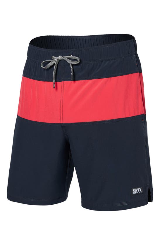 Shop Saxx Oh Buoy Colorblock Volley Swim Trunks In India Ink/ Hibiscus