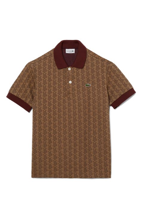 Gucci Mens Polo Shirt Brown with Diamante Print and Front Stripe