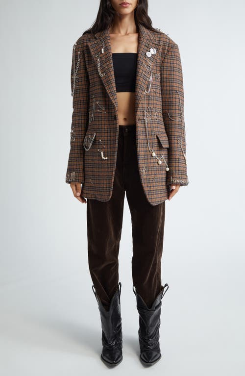 R13 Pinchushion Plaid Embellished Blazer In Brown Plaid