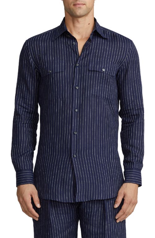 Ralph Lauren Purple Label Norfolk Pinstripe Linen Button-up Shirt In Blue