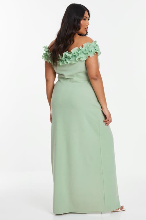 Shop Quiz Ruffle Bardot Ruched Maxi Dress In Green