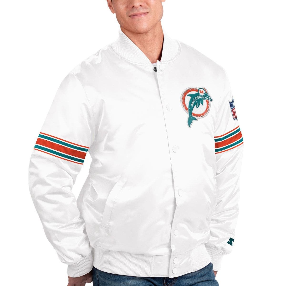 Men's Starter Black Miami Dolphins Locker Room Satin Varsity Full-Snap Jacket Size: Medium