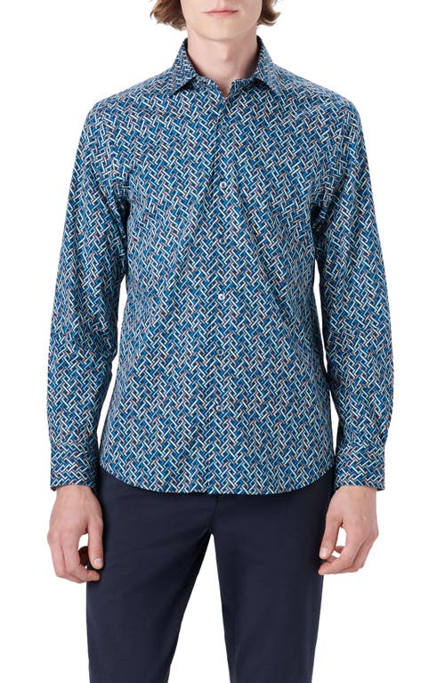 Bugatchi Classic Fit Basket Weave Print Stretch Cotton Button-Up Shirt in Navy at Nordstrom, Size Medium