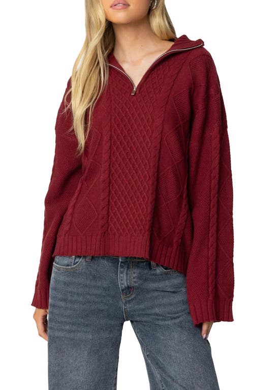 Shop Edikted Cable Stitch Oversize Quarter Zip Pullover Sweater In Burgundy