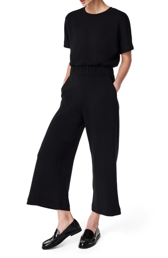 Shop Spanx Airessentials Short Sleeve Crop Wide Leg Jumpsuit In Very Black