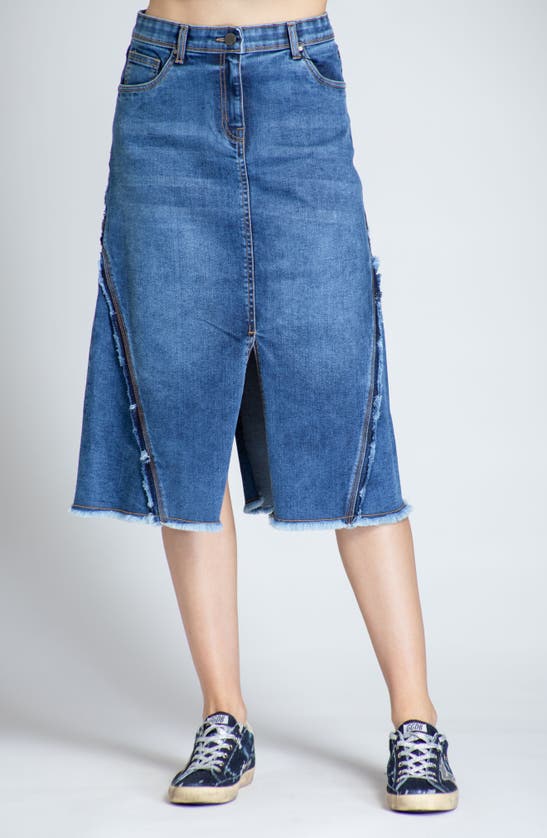 Apny Fray Hem A-line Denim Skirt In Medium Indigo