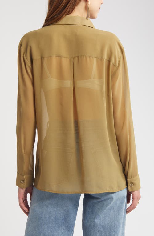 Shop Open Edit Sheer Button-up Shirt In Olive Brine