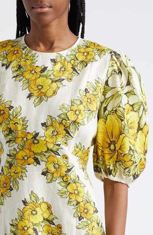 Shop Alemais Gisela Floral Puff Sleeve Midi Dress In Yellow