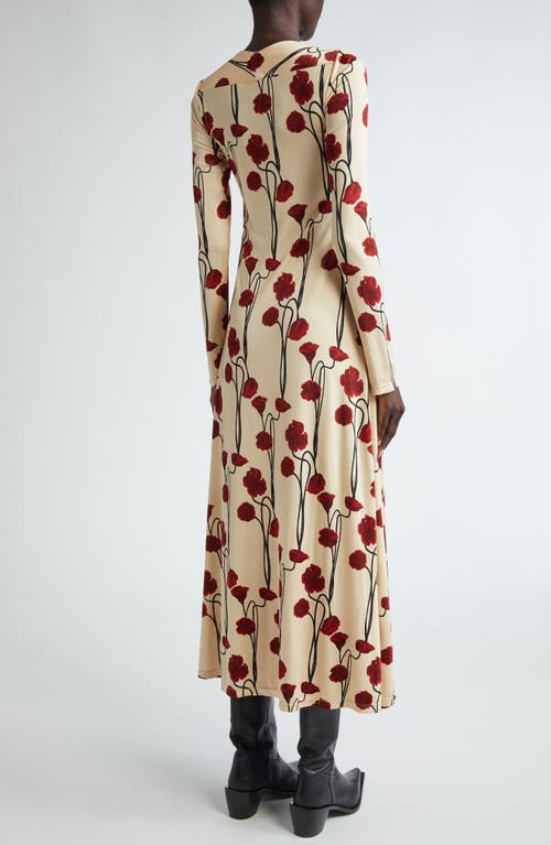 Johanna Ortiz Scarlet Letter Long Sleeve Midi Dress In Papaver Somniferum/ecru