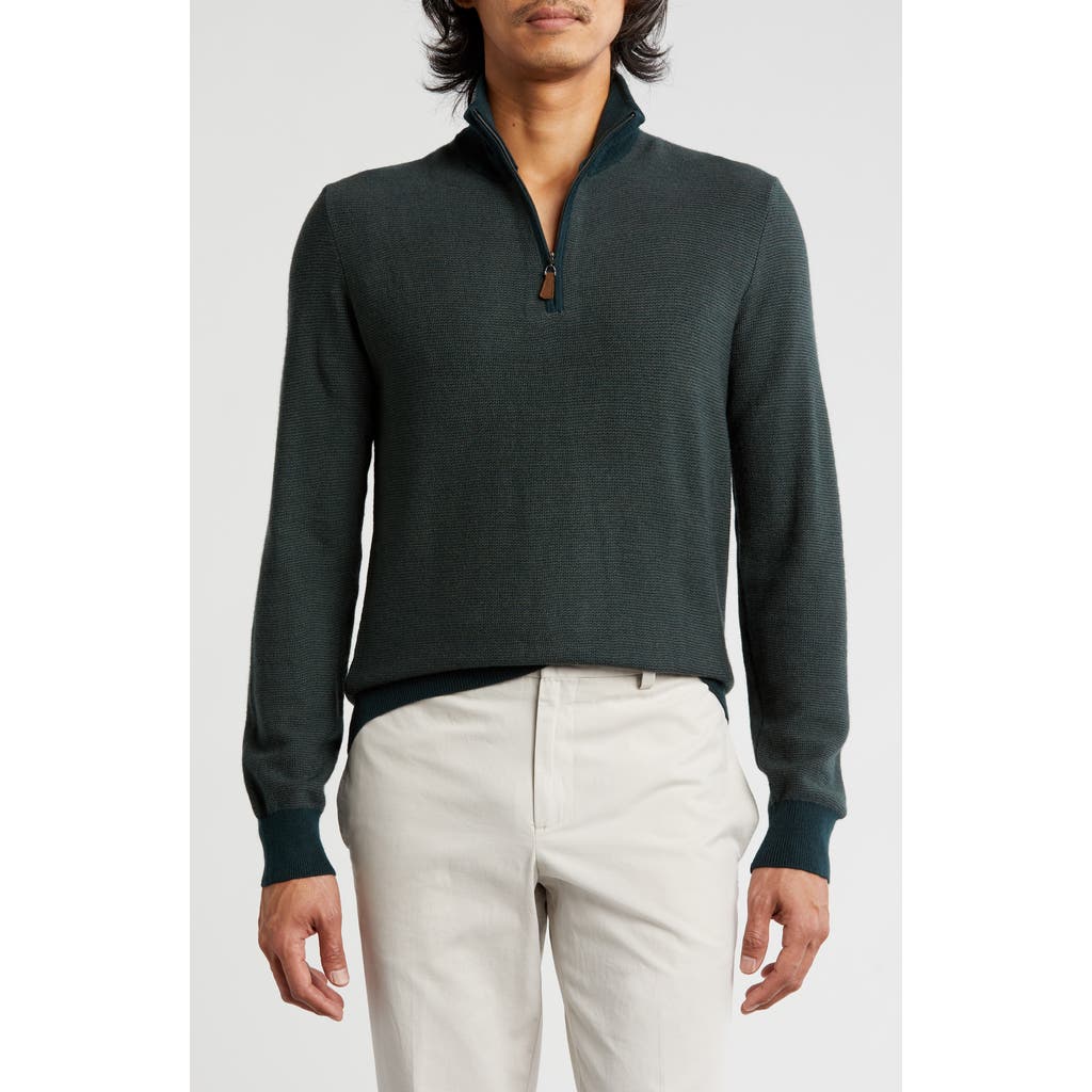 Bruno Magli Piqué Merino Wool Feeder Stripe Quarter Zip Pullover In Green Mint