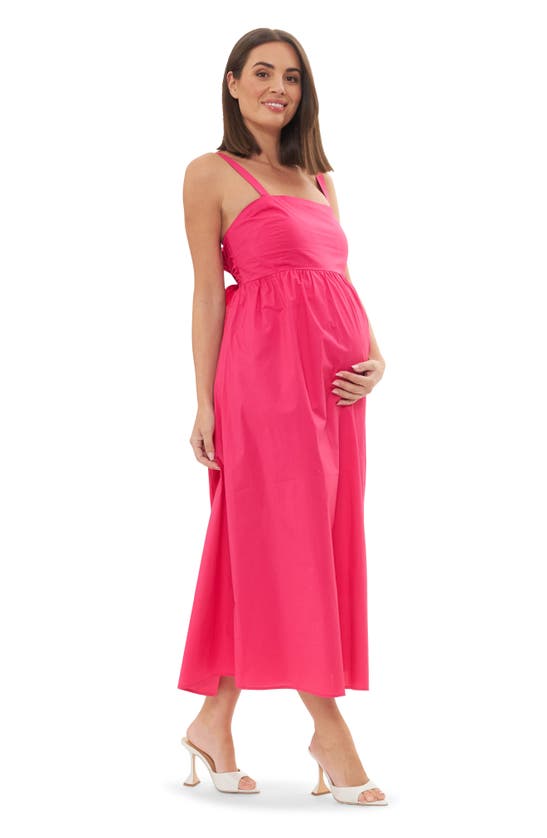 Shop Ripe Maternity Tamara Tie Back Poplin Midi Maternity Sundress In Hot Pink