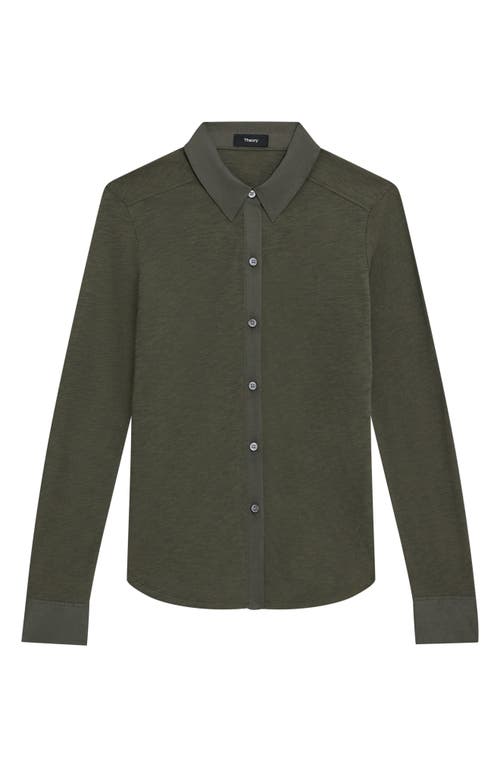 Shop Theory Riduro C.nebulous Organic Cotton Slub Long Sleeve Button-up Shirt In Dark Olive