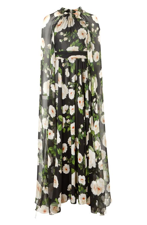 Shop Carolina Herrera Floral Silk Halter Neck Gown With Detachable Cape In Black Multi