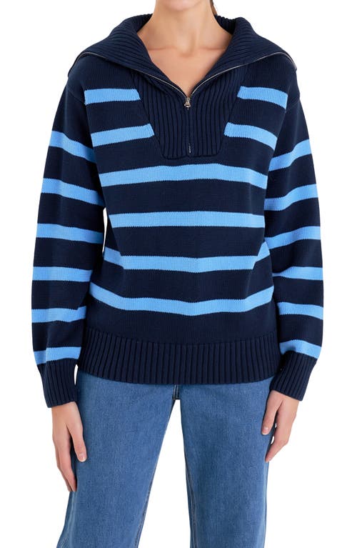 English Factory Stripe Cotton Zip Pullover In Navy/blue