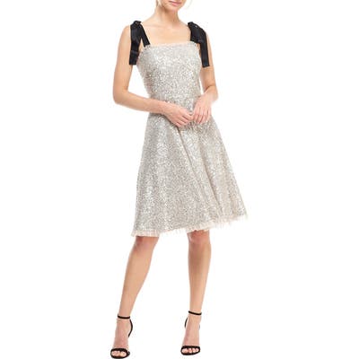 Gal Meets Glam Collection Diana Sequin Cocktail Dress With Satin Shoulder Ties, Metallic