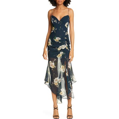 Nicholas Ruched Angled Hem Silk Dress, Black