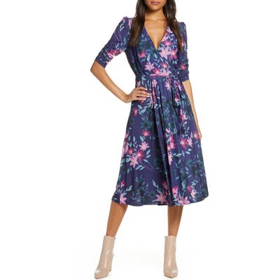 Eliza J Floral Print Faux Wrap Midi Dress, Blue