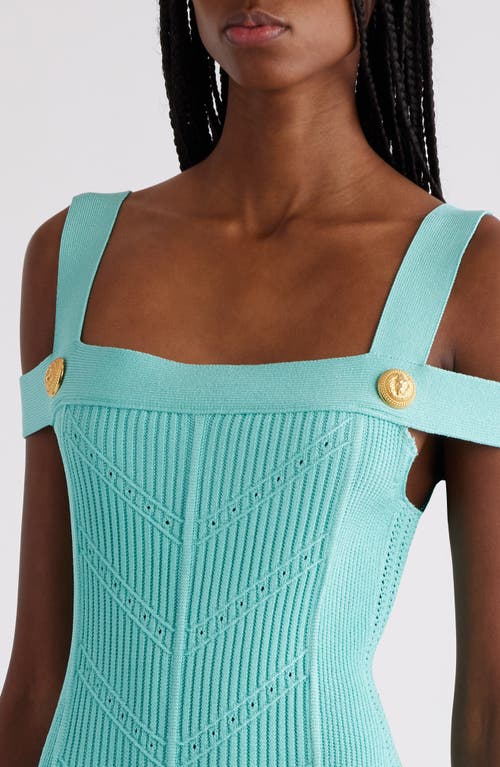 Shop Balmain Double Strap Mixed Stitch Midi Sweater Dress In Mint