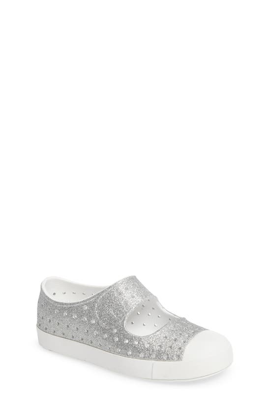 Native Shoes Kids' Juniper Bling Glitter Perforated Mary Jane In Silver Bling/ Shell White