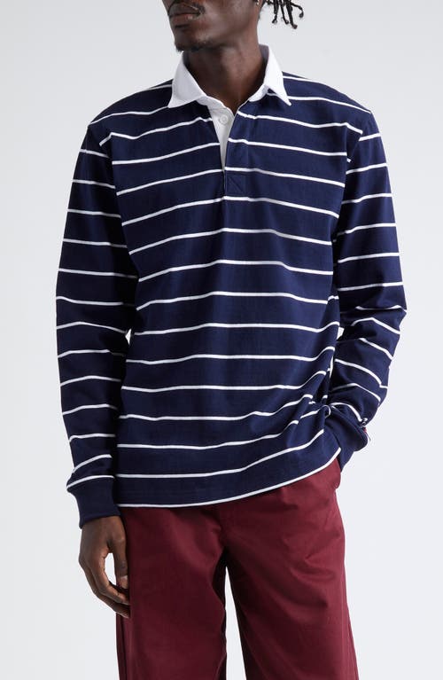 Noah Classic Stripe Rugby Shirt in White/Navy 