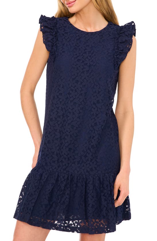 Cece Floral Ruffle Sleeve A-line Dress In Classic Navy