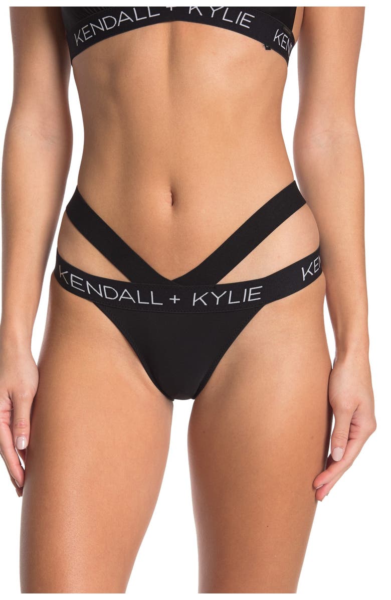 KENDALL AND KYLIE Double Band Logo Bikini Bottoms, Main, color, BLACK