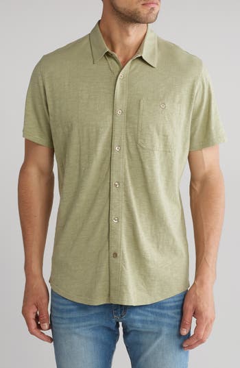 14th & Union Short Sleeve Slubbed Knit Button-up Shirt In Green Clay