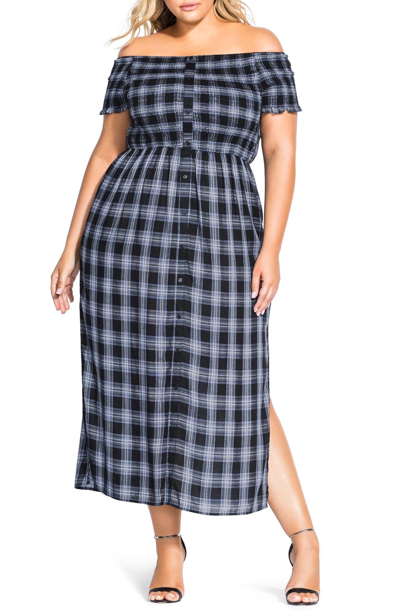 Plus Size City Chic Rebel Check Off The Shoulder Dress, Blue