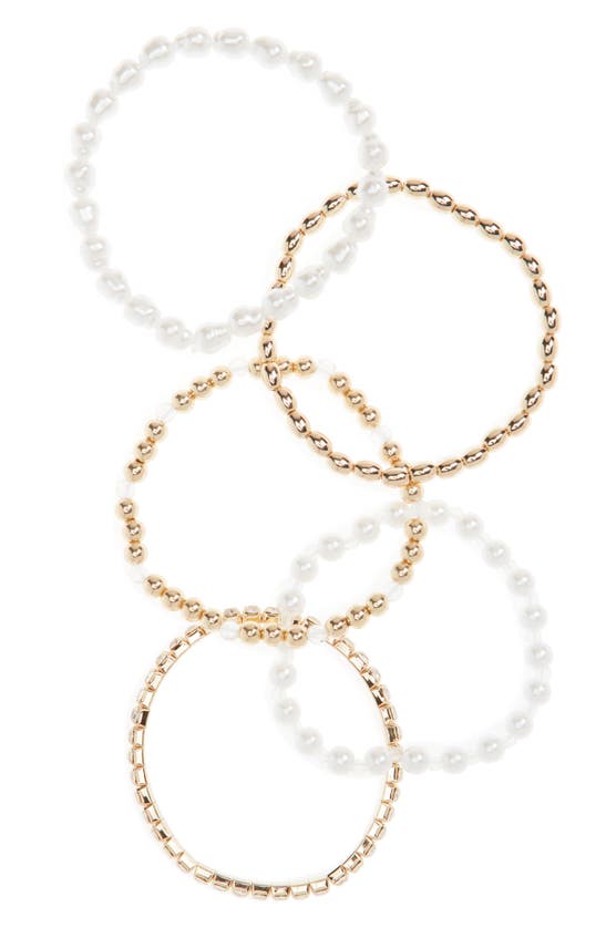 Leith Set Of 5 Imitation Pearl & Beaded Stretch Bracelets In Gold