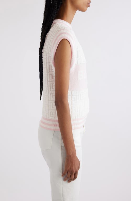 Shop Balmain Monogram Sponge Knit Sleeveless Sweater In Gso White/pale Pink