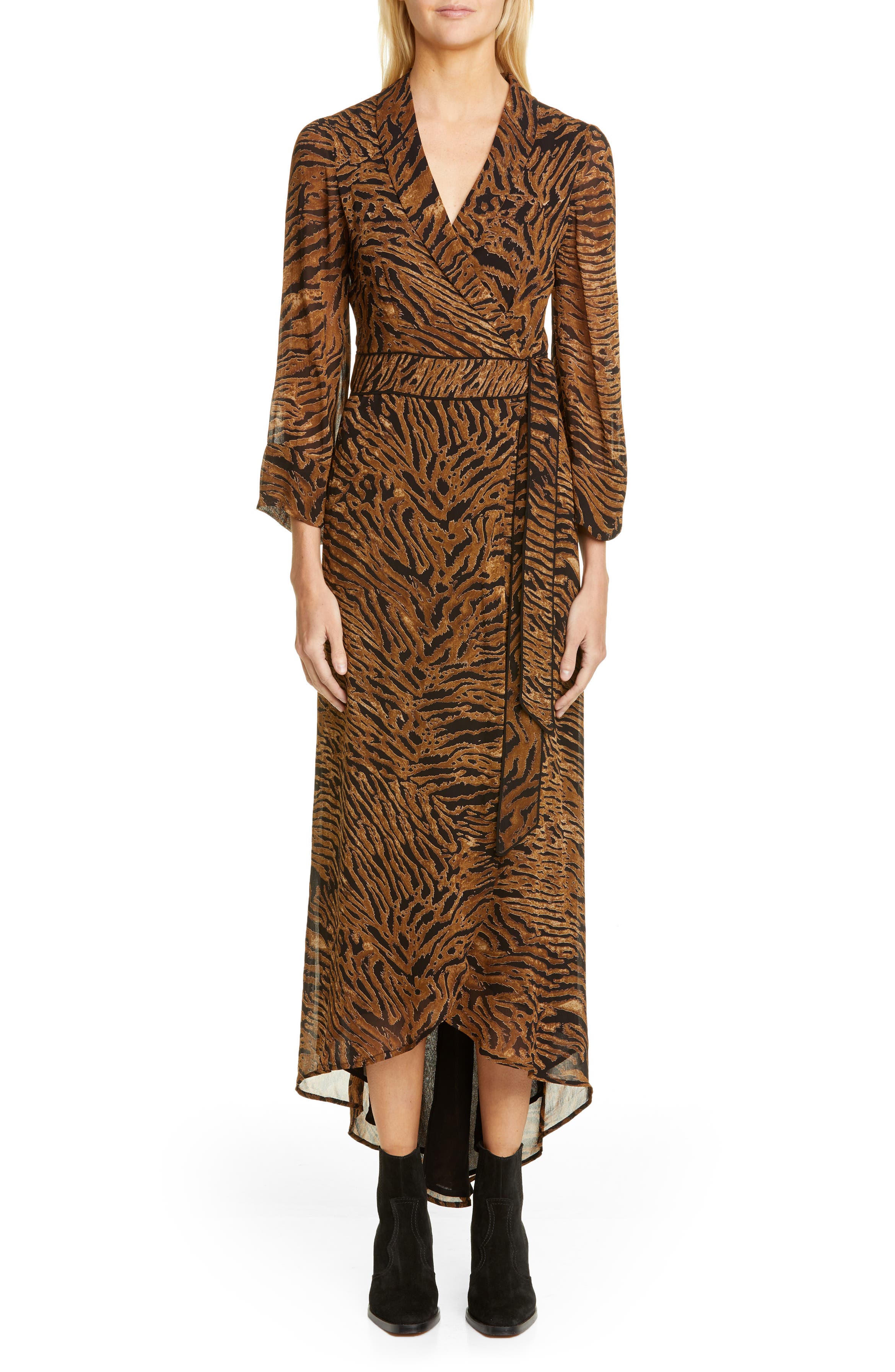 Ganni Tiger Print Georgette Midi Wrap Dress | Nordstrom
