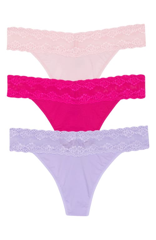 Natori Bliss 3-pack Perfection Lace Trim Thongs In Pink/fuchsia/violet