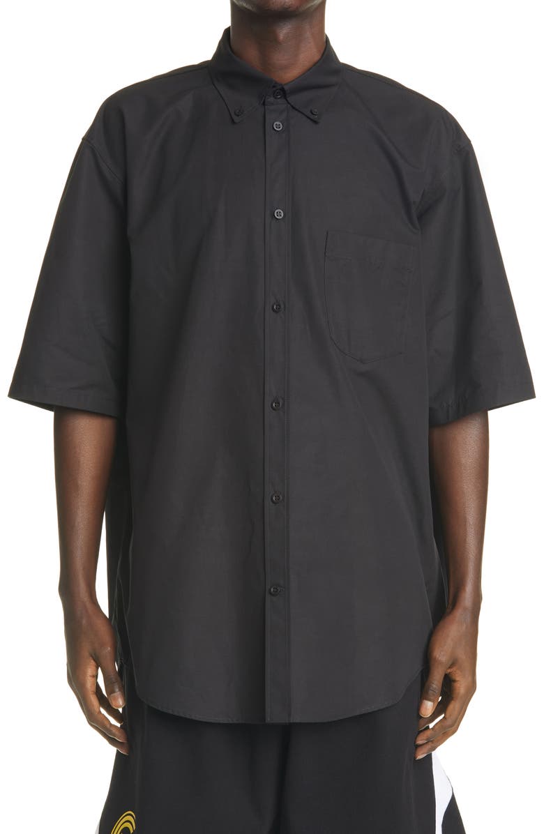 Balenciaga Sponsor Logo Poplin Short Sleeve Button-Down Shirt, Main, color, 