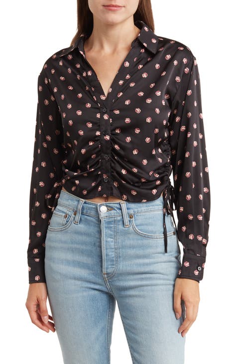Ruched Satin Button-Up Shirt