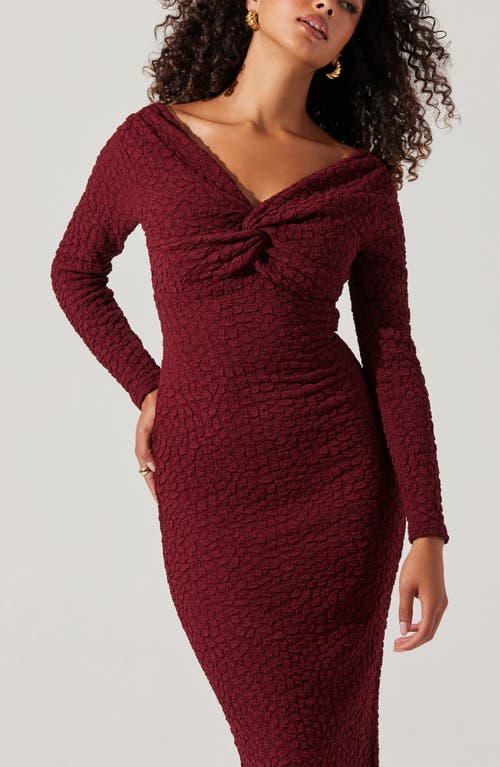 Shop Astr The Label Textured Knot Front Off The Shoulder Long Sleeve Dress In Wine